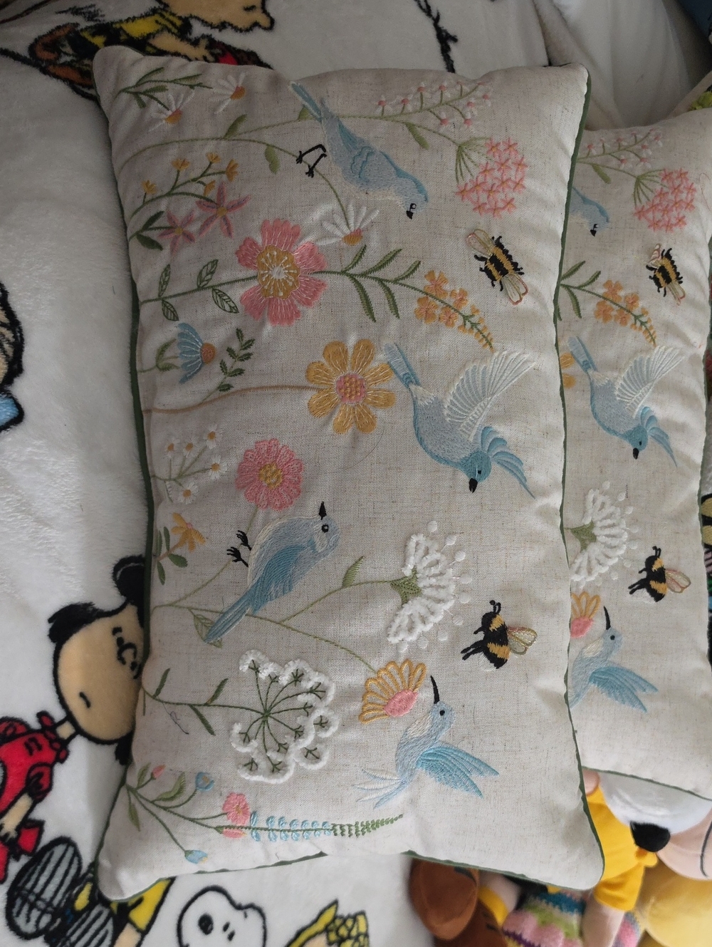 Throw Pillows  Embroidered Bird & Floral Throw Pillow - Blue, Pink, Yellow